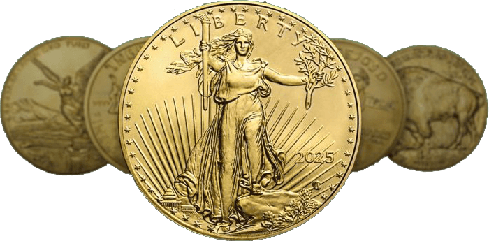 A row of gold coins centered on a Liberty coin