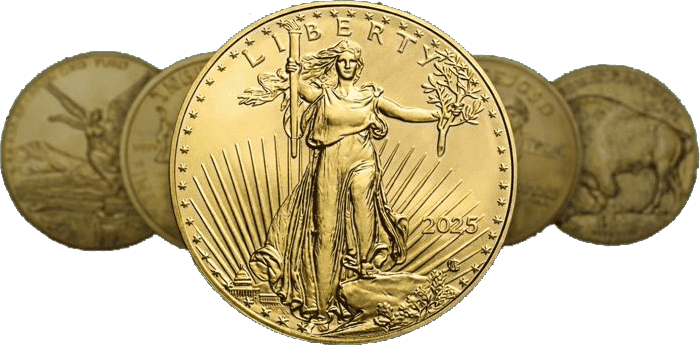 A row of gold coins centered on a Liberty coin